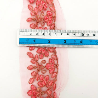 Pink Net Fabric Lace Trim with Floral Embroidery, Lace Trim, Sari Border
